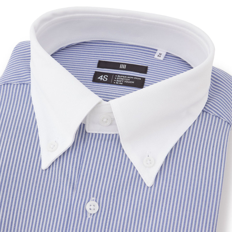 スーツセレクト 【発送在庫あり】【BLACK LINE】クレリックボタンダウンワイシャツ/襟袖口：ホワイト+ネイビー×ホワイトストライプ/「4S」スーパーノンアイロン・ストレッチ 紺中間