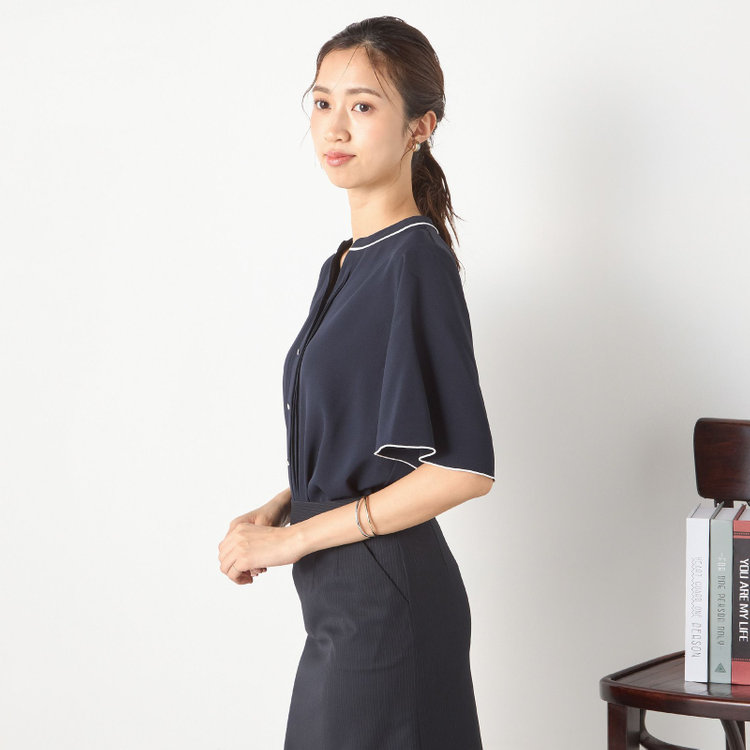 シルバーライン 【SILVER LINE/5分袖】配色スキッパー前開き メタルボタン/ネイビー/「ウォッシャブル」「ストレッチ」「防シワ」「UV加工」「接触冷感」 紺中間