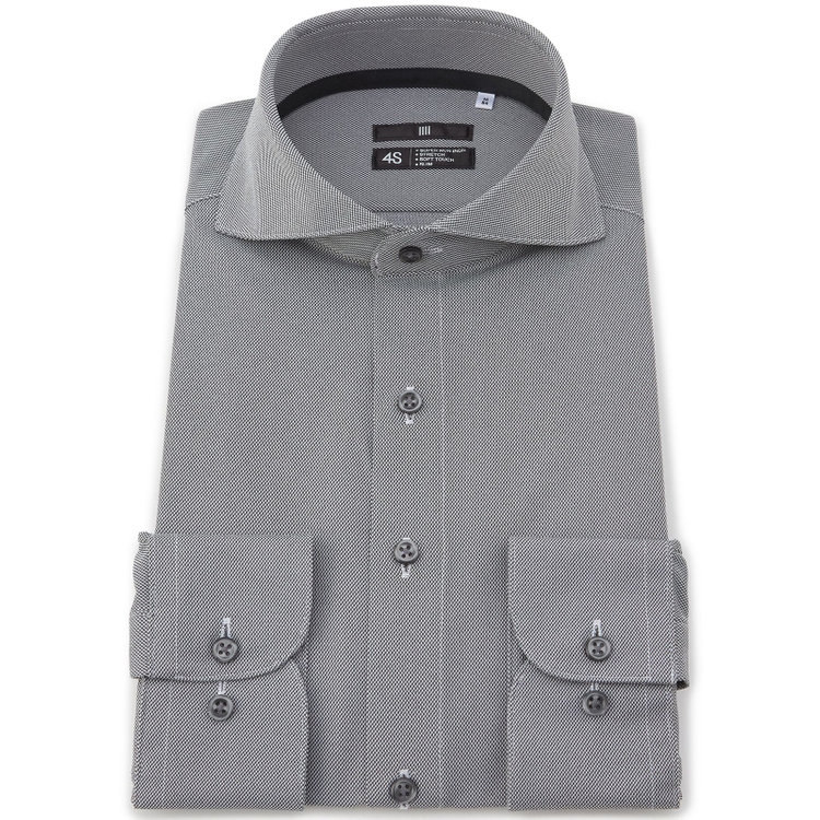 ブラックライン 【発送在庫あり】【WEB限定】【BLACK LINE】ホリゾンタルワイドワイシャツ/グレー×ドビー/釦・釦付糸：グレー/「4S」スーパーノンアイロン・ストレッチ グレー中間