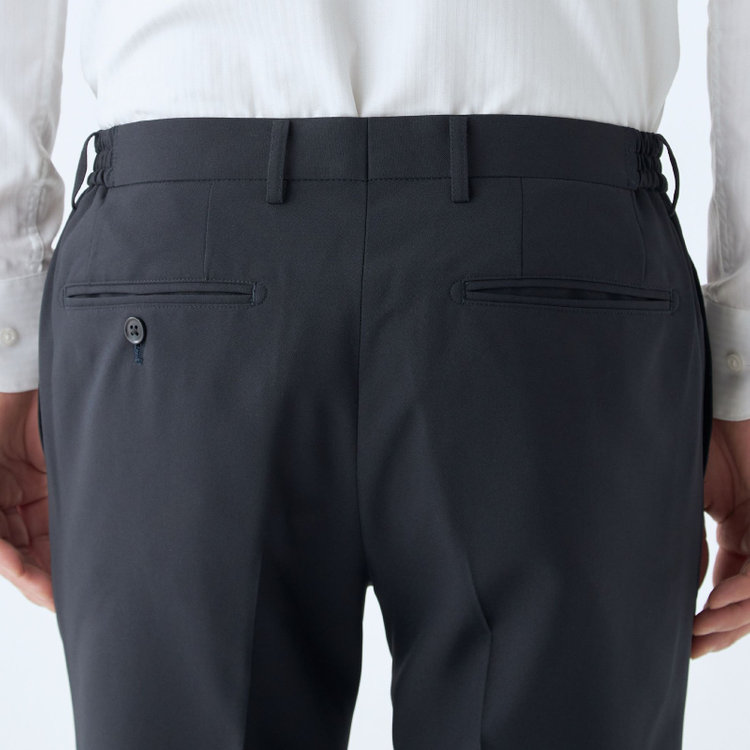 ブラックライン 【WEB限定】【発送在庫あり】【SLIM TAPERED】【年間】ウォッシャブル0タックテーパードパンツ/ネイビー/ウエストシャーリング仕様/裾上げ済仕様 紺中間
