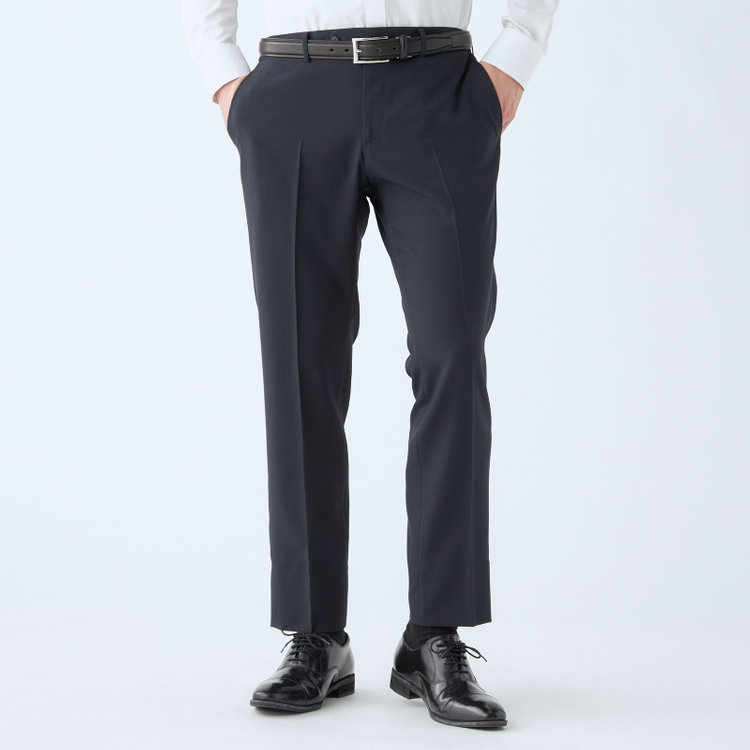 ブラックライン 【WEB限定】【発送在庫あり】【SLIM TAPERED】【年間】ウォッシャブル0タックテーパードパンツ/ネイビー/ウエストシャーリング仕様/裾上げ済仕様 紺中間
