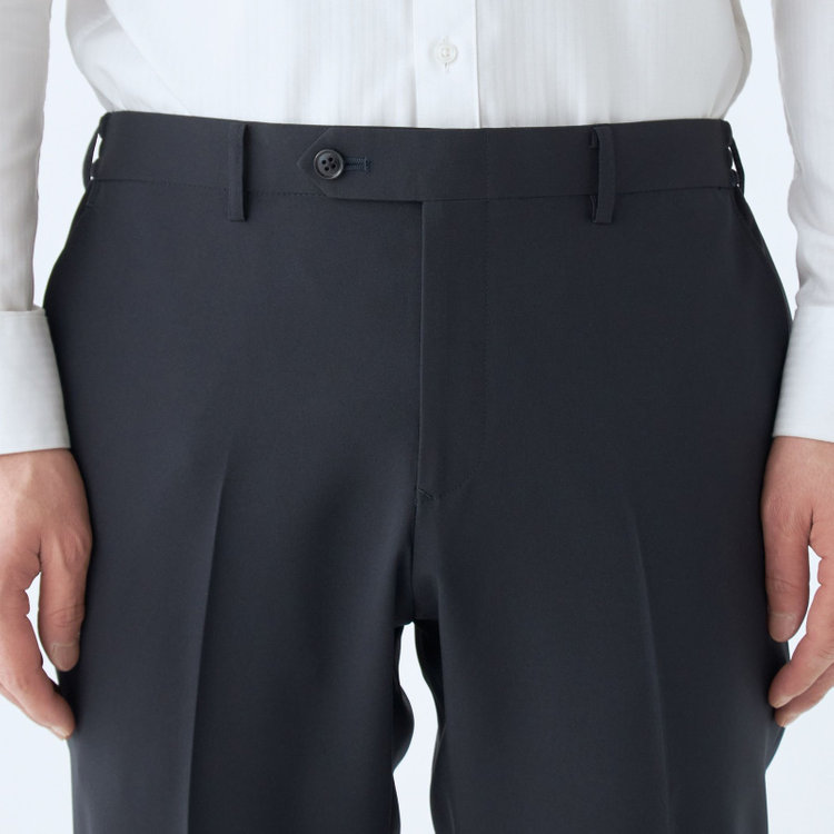 ブラックライン 【WEB限定】【発送在庫あり】【SLIM TAPERED】【年間】ウォッシャブル0タックテーパードパンツ/ネイビー/ウエストシャーリング仕様/裾上げ済仕様 紺中間
