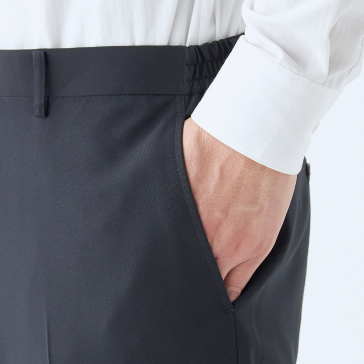 ブラックライン 【WEB限定】【発送在庫あり】【SLIM TAPERED】【年間】ウォッシャブル0タックテーパードパンツ/ネイビー/ウエストシャーリング仕様/裾上げ済仕様 紺中間