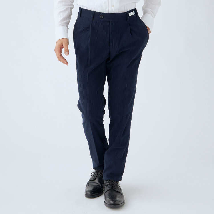 シルバーライン 【CLASSICO TAPERED】【秋冬】1タックテーパードパンツ/ネイビー×コーデュロイ/シャーリング仕様/4S SUSTAINABLE/※裾上げ必要 紺濃色