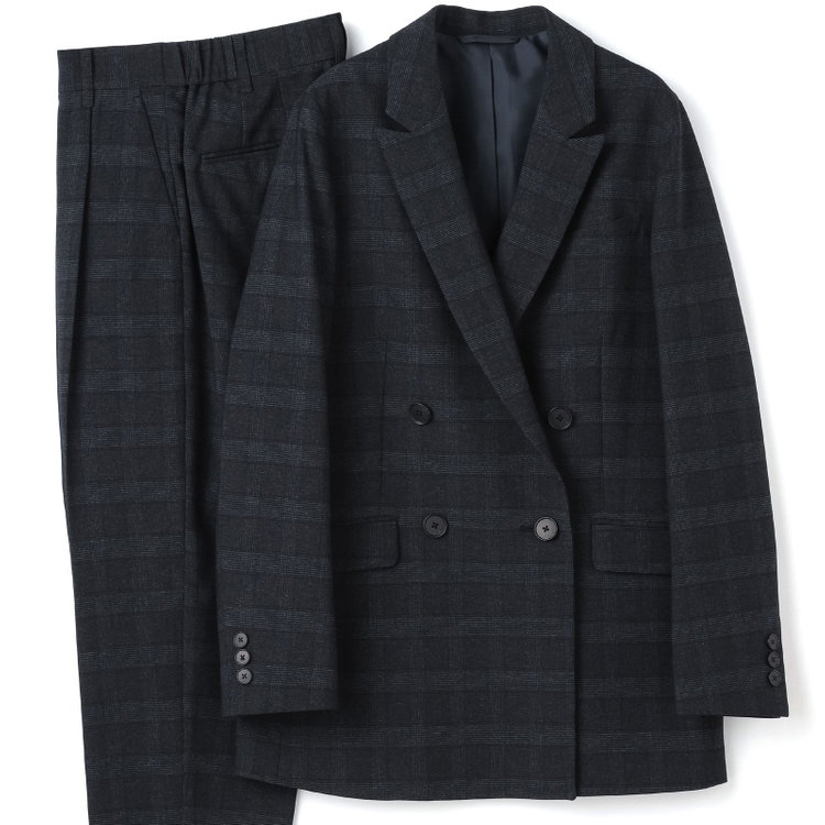 シルバーライン 【SL】【秋冬】4釦1掛ダブル パンツスーツ/ネイビー×チェック/ウォッシャブル/※パンツ裾上げ済仕様 紺中間