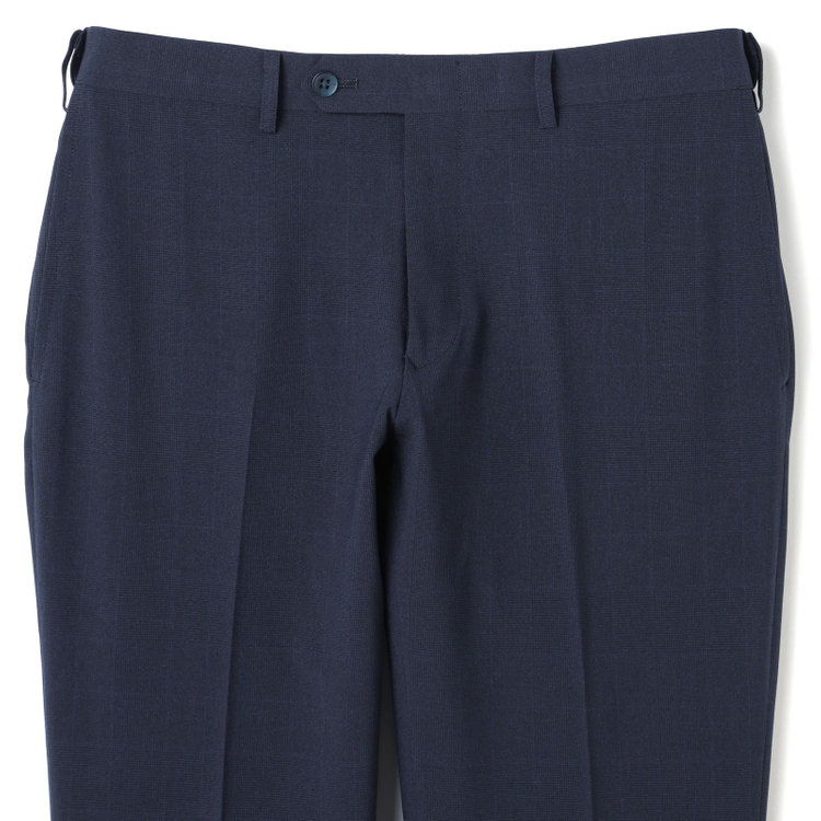 ブラックライン 【SLIM TAPERED】【春夏】0タックテーパードパンツ/ネイビー×チェック/ウエストムーブ/ウォッシャブル/4S SUSTAINABILITY&ECOLOGY FABRIC/※裾上げ必要 紺濃色