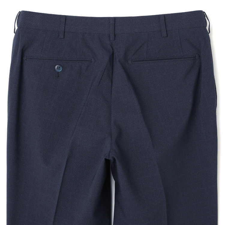 ブラックライン 【SLIM TAPERED】【春夏】0タックテーパードパンツ/ネイビー×チェック/ウエストムーブ/ウォッシャブル/4S SUSTAINABILITY&ECOLOGY FABRIC/※裾上げ必要 紺濃色
