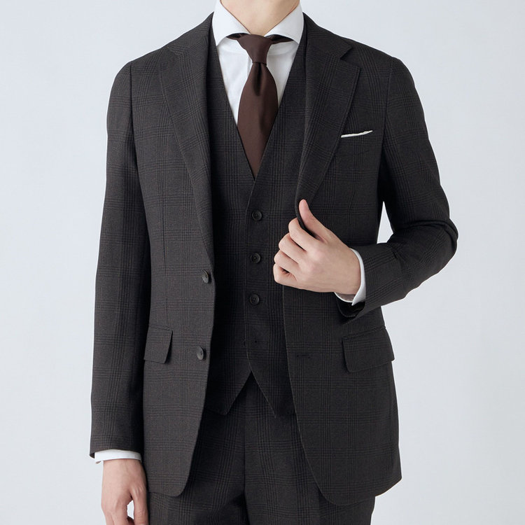 シルバーライン 【CLASSICO TAPERED】【秋冬】2釦シングルスリーピーススーツ 1タック/ブラウン×プレイド/ウエストムーブ/4S SUSTAINABILITY&ECOLOGY FABRIC/※パンツ裾上げ済仕様 茶中間