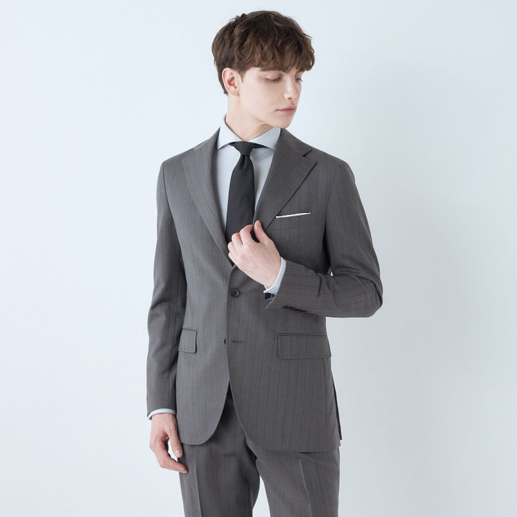 シルバーライン 【CLASSICO TAPERED】【春夏】3釦段返りシングルスーツ 2タック/グレー×シャドーストライプ/ウエストムーブ/MARZOTTO/※パンツ裾直し必要 グレー中間