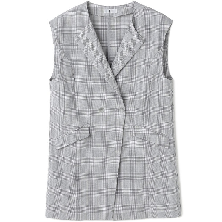 シルバーライン 【SL】【年間】ノーカラーダブル釦ジレ/グレー×チェック グレー中間