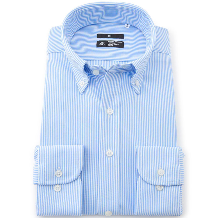 ブラックライン 【発送在庫あり】【BLACK LINE】ボタンダウンワイシャツ/ブルー＆ホワイト×ストライプ/「4S」スーパーノンアイロン・ストレッチ 青中間