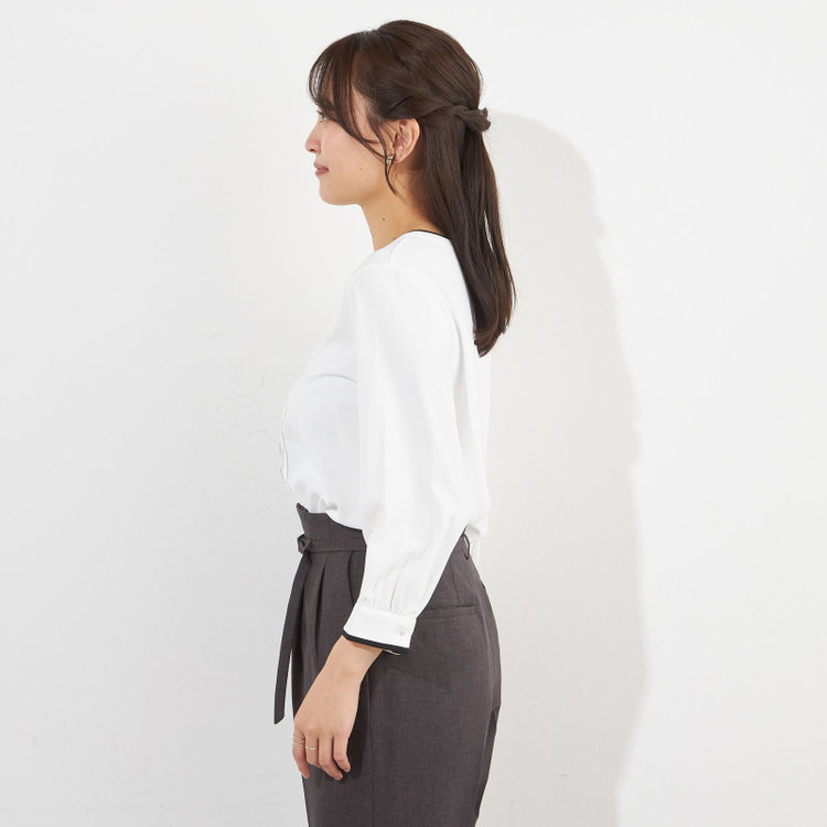 シルバーライン 【SILVER LINE/7分袖】配色フロントプリーツプルオーバー/ホワイト×ブラック/「ウォッシャブル」「ストレッチ」「防シワ」「UV加工」「静電気防止」 白