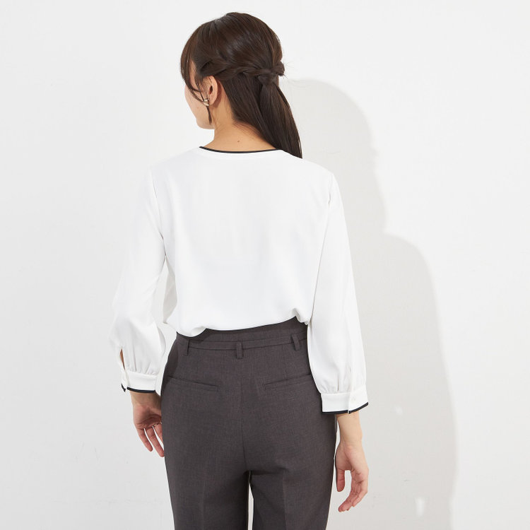 シルバーライン 【SILVER LINE/7分袖】配色フロントプリーツプルオーバー/ホワイト×ブラック/「ウォッシャブル」「ストレッチ」「防シワ」「UV加工」「静電気防止」 白