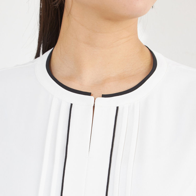 シルバーライン 【SILVER LINE/7分袖】配色フロントプリーツプルオーバー/ホワイト×ブラック/「ウォッシャブル」「ストレッチ」「防シワ」「UV加工」「静電気防止」 白