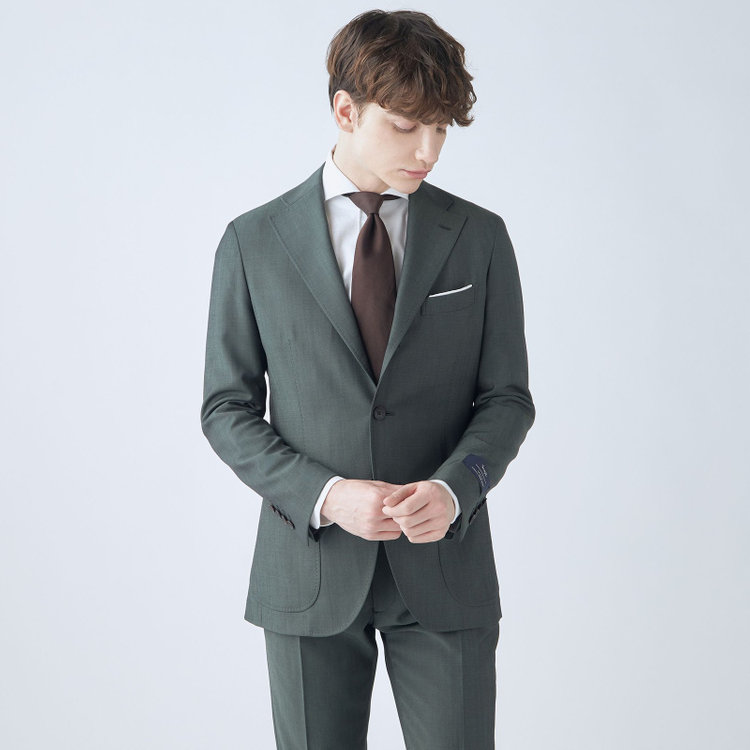 シルバーライン 【CLASSICO TAPERED】【春夏】3釦段返りシングルスーツ 2タック/カーキ/パッチポケット/ウエストムーブ/MARZOTTO/※パンツ裾直し必要 茶中間