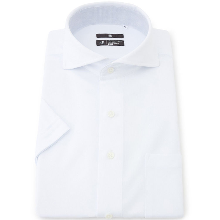 ブラックライン 【BLACK LINE/半袖】ホリゾンタルワイドワイシャツ/ホワイト×ドビー/襟裏別布/「氷撃」冷感PRINT「4S」スーパーノンアイロン・ストレッチ 白