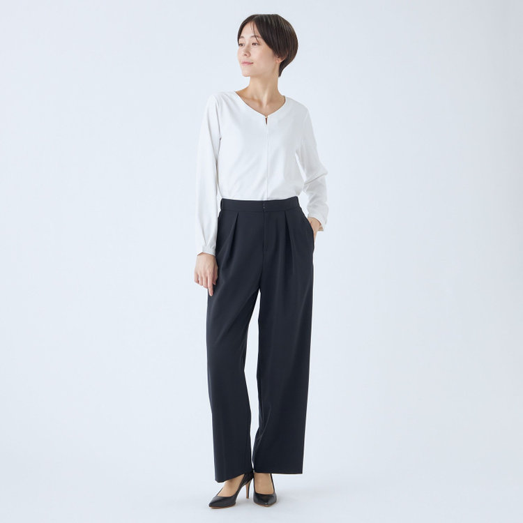 シルバーライン 【SL】【年間】1タックワイドストレートパンツ/ネイビー/ウォッシャブル/※裾上げ済仕様 紺中間