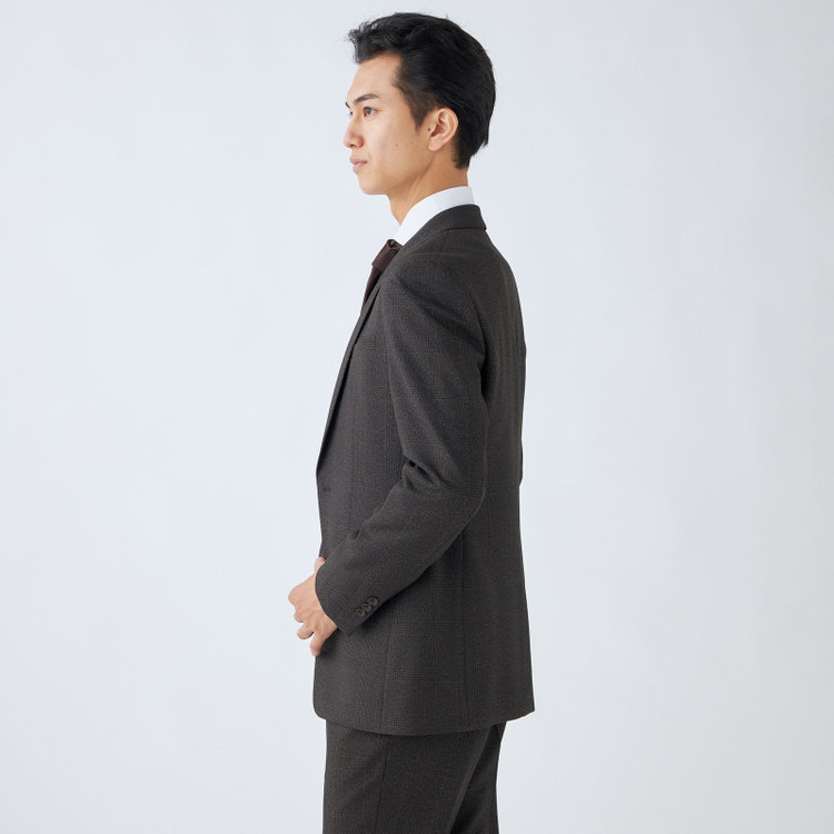 ブラックライン 【SLIM TAPERED_2】【秋冬】2釦シングルスリーピーススーツ 0タック/ブラウン×チェック/ウエストシャーリング/4S SUSTAINABILITY&ECOLOGY FABRIC/※パンツ裾上げ済仕様 茶濃色
