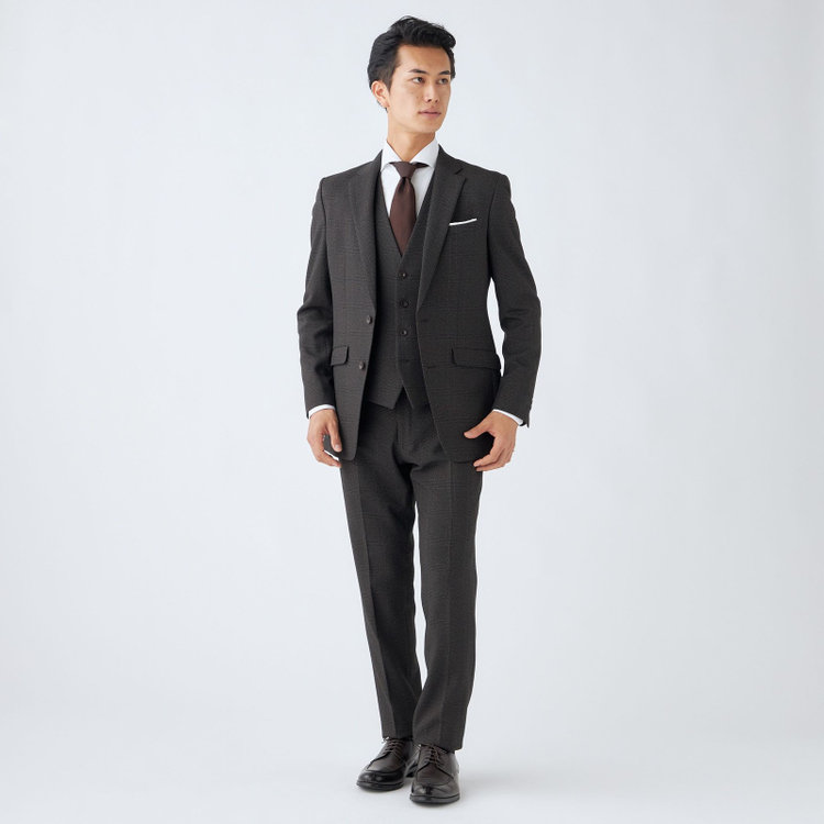 ブラックライン 【SLIM TAPERED_2】【秋冬】2釦シングルスリーピーススーツ 0タック/ブラウン×チェック/ウエストシャーリング/4S SUSTAINABILITY&ECOLOGY FABRIC/※パンツ裾上げ済仕様 茶濃色
