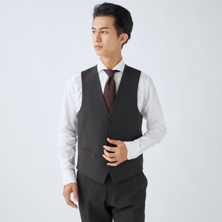 ブラックライン 【SLIM TAPERED_2】【秋冬】2釦シングルスリーピーススーツ 0タック/ブラウン×チェック/ウエストシャーリング/4S SUSTAINABILITY&ECOLOGY FABRIC/※パンツ裾上げ済仕様 茶濃色