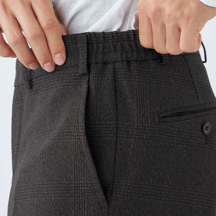 ブラックライン 【SLIM TAPERED_2】【秋冬】2釦シングルスリーピーススーツ 0タック/ブラウン×チェック/ウエストシャーリング/4S SUSTAINABILITY&ECOLOGY FABRIC/※パンツ裾上げ済仕様 茶濃色