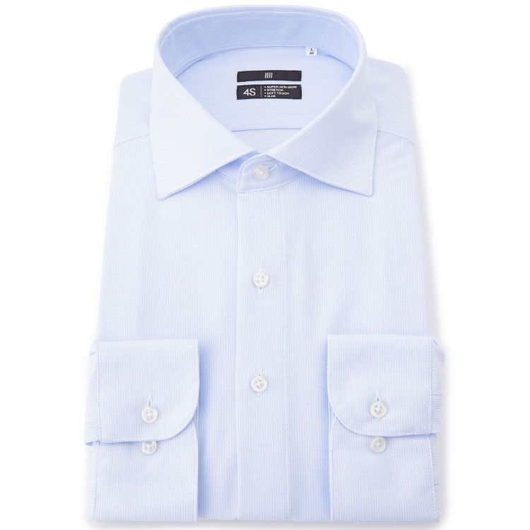 ブラックライン 【BLACK LINE】ワイドカラーワイシャツ/サックス×ドビーストライプ/「4S」スーパーノンアイロン・ストレッチ 紺淡色