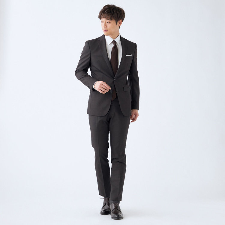 ブラックライン 【SLIM TAPERED_2】【秋冬】2釦シングルスーツ 0タック/ブラウン＆ブラック×ハウンドトゥース/ウエストシャーリング/4S SUSTAINABILITY&ECOLOGY FABRIC/※パンツ裾上げ済仕様 茶濃色