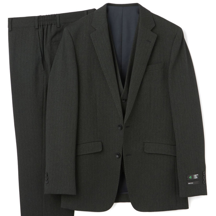 【SLIM TAPERED_2】【秋冬】2釦シングルスリーピーススーツ 0タック/グリーン×シャドーストライプ/ウエストシャーリング/4S SUSTAINABILITY&ECOLOGY FABRIC/※パンツ裾上げ済仕様