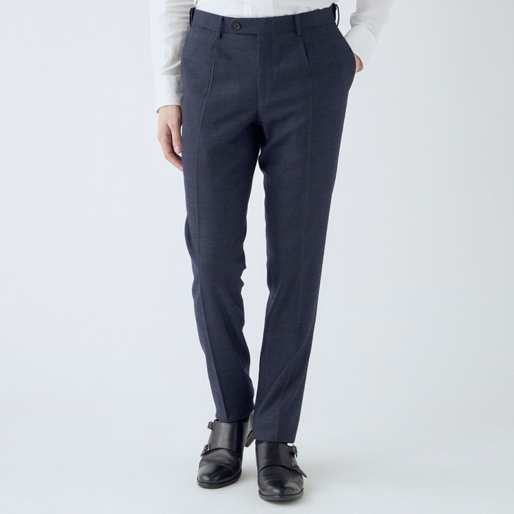 シルバーライン 【CLASSICO TAPERED】【秋冬】ウール ブレンド1タックテーパードパンツ/ネイビー×ハウンドトゥース/ウエストムーブ仕様/ウォッシャブル素材/※裾上げ必要 紺中間