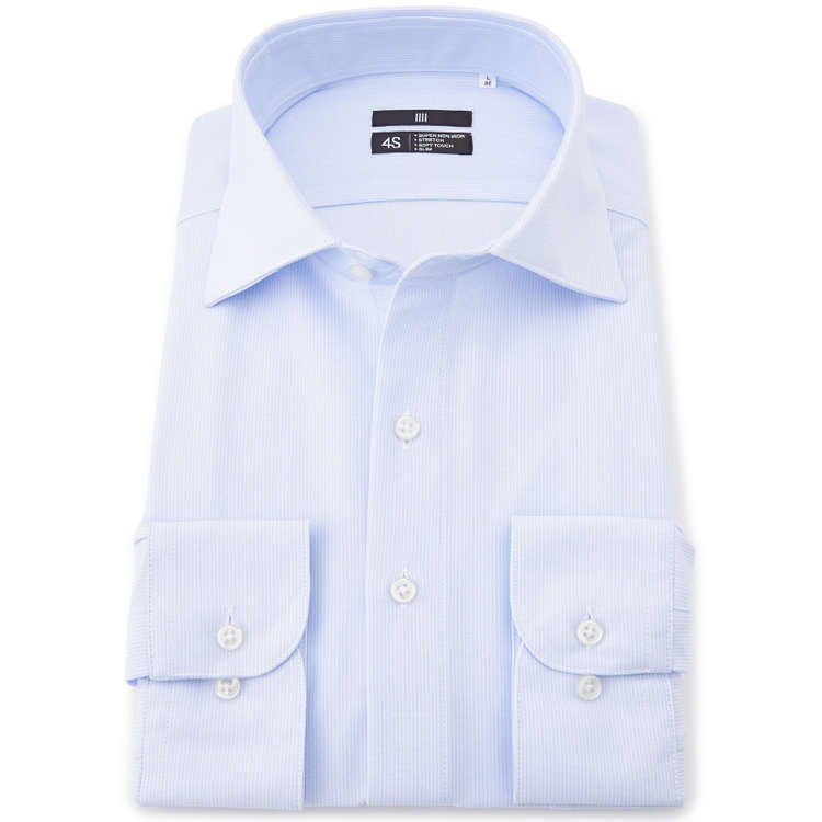 ブラックライン 【BLACK LINE】ワイドカラーワイシャツ/サックス×ドビーストライプ/「4S」スーパーノンアイロン・ストレッチ 紺淡色