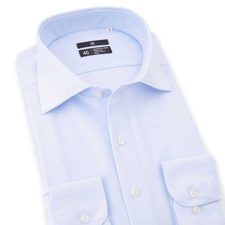 ブラックライン 【BLACK LINE】ワイドカラーワイシャツ/サックス×ドビーストライプ/「4S」スーパーノンアイロン・ストレッチ 紺淡色