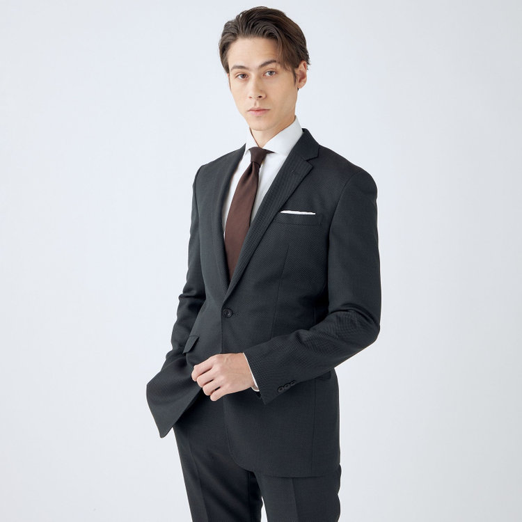 ブラックライン 【SLIM TAPERED_2】【秋冬】2釦シングルスーツ 0タック/カーキ×バーズアイ/ウエストシャーリング/4S SUSTAINABILITY&ECOLOGY FABRIC/※パンツ裾上げ済仕様 黄淡色