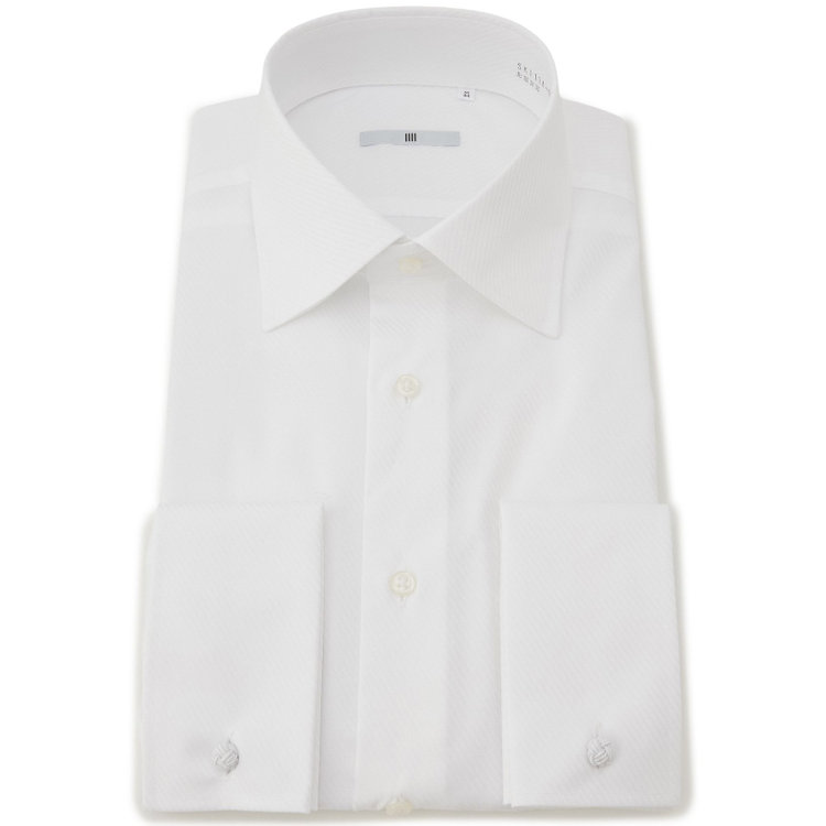 シルバーライン 【SILVER LINE】【形態安定】ワイドカラードレスワイシャツ/ホワイト×ドビーツイル+ダブルカフス(ゴムカフス付) 白