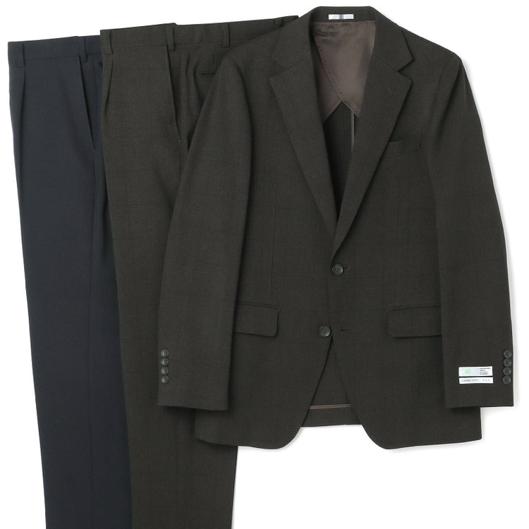 シルバーライン 【CLASSICO TAPERED】【秋冬】コーディネートパンツ付き/2釦シングルスーツ 1タック/ブラウン×グレンチェック+ブラックソリッドパンツ/ウエストムーブ/4S SUSTAINABILITY&ECOLOGY FABRIC/※パンツ裾上げ済仕様 茶濃色