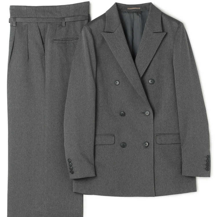 シルバーライン 【SL】【秋冬】6釦2掛けダブルワイドパンツスーツ/グレーグリーン/ウエスト内側アジャスター/ウォッシャブル/※裾上げ済み仕様 グレー濃色