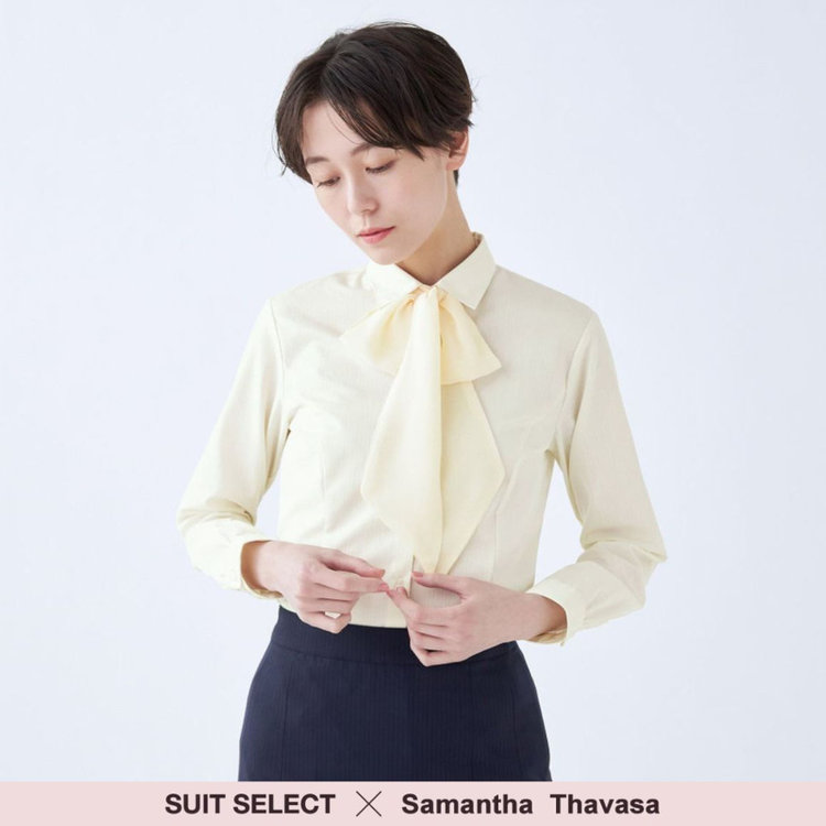 スーツセレクト 【SUIT SELECT×Samantha Thavasa】【長袖】リボン&フリル取り外しスキッパー/イエロー×ドビーストライプ/形態安定 イエロー系(黄)
