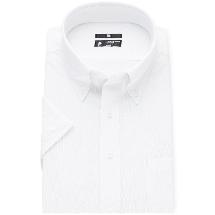 スーツセレクト 【発送在庫あり】【BLACK LINE/半袖】【スーパーノンアイロン】ボタンダウンドレスワイシャツ/ホワイト/SUPER NON IRON 4S ULTRA DRY 白
