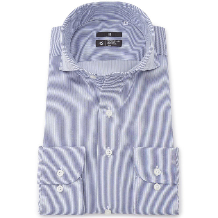 ブラックライン 【発送在庫あり】【BLACK LINE】ホリゾンタルワイドワイシャツ/ネイビー×ストライプ/「4S」スーパーノンアイロン・ストレッチ 紺中間