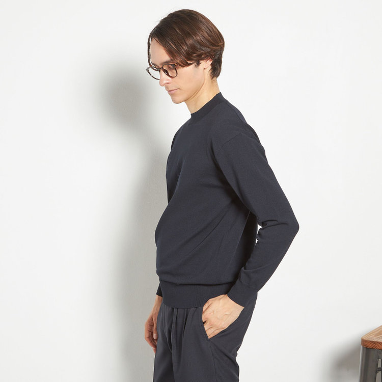 スーツセレクト 【RBC】コットンブレンドモックネックニット/ネイビー/マシンウォッシャブル/「UVカット」「接触冷感」 紺濃色