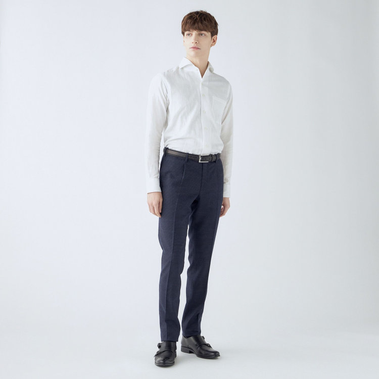 シルバーライン 【CLASSICO TAPERED】【秋冬】ウール ブレンド1タックテーパードパンツ/ネイビー×ハウンドトゥース/ウエストムーブ仕様/ウォッシャブル素材/※裾上げ必要 紺中間