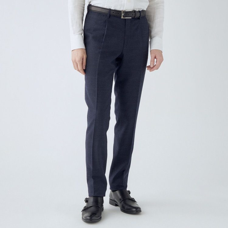 シルバーライン 【CLASSICO TAPERED】【秋冬】ウール ブレンド1タックテーパードパンツ/ネイビー×ハウンドトゥース/ウエストムーブ仕様/ウォッシャブル素材/※裾上げ必要 紺中間