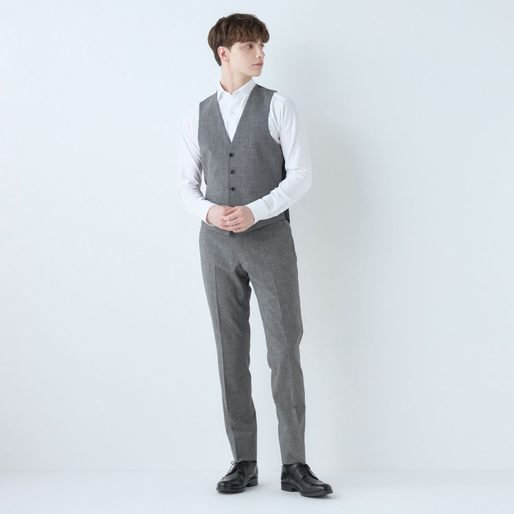 ブラックライン 【SLIM TAPERED_2】【春夏】2釦シングルスリーピーススーツ 0タック/グレー×グレンチェック/ウエストシャーリング/4S SUSTAINABILITY&ECOLOGY FABRIC/※パンツ裾上げ済仕様 グレー中間