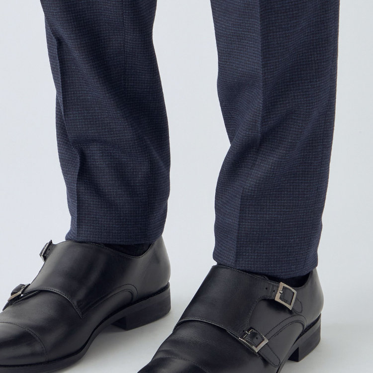 シルバーライン 【CLASSICO TAPERED】【秋冬】ウール ブレンド1タックテーパードパンツ/ネイビー×ハウンドトゥース/ウエストムーブ仕様/ウォッシャブル素材/※裾上げ必要 紺中間