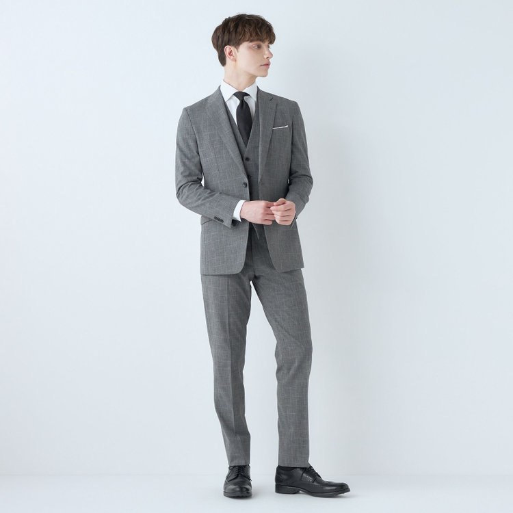 ブラックライン 【SLIM TAPERED_2】【春夏】2釦シングルスリーピーススーツ 0タック/グレー×グレンチェック/ウエストシャーリング/4S SUSTAINABILITY&ECOLOGY FABRIC/※パンツ裾上げ済仕様 グレー中間