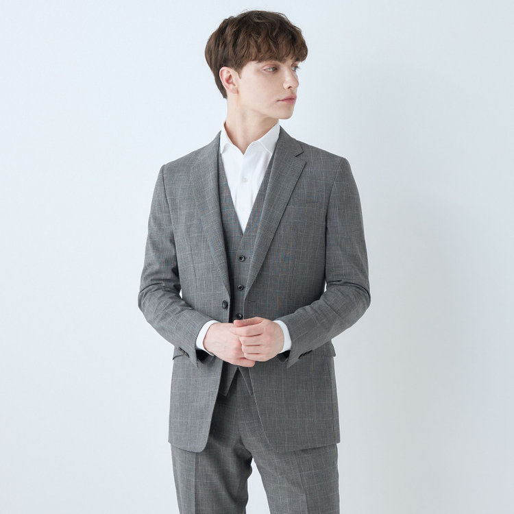 ブラックライン 【SLIM TAPERED_2】【春夏】2釦シングルスリーピーススーツ 0タック/グレー×グレンチェック/ウエストシャーリング/4S SUSTAINABILITY&ECOLOGY FABRIC/※パンツ裾上げ済仕様 グレー中間