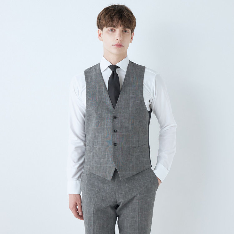 ブラックライン 【SLIM TAPERED_2】【春夏】2釦シングルスリーピーススーツ 0タック/グレー×グレンチェック/ウエストシャーリング/4S SUSTAINABILITY&ECOLOGY FABRIC/※パンツ裾上げ済仕様 グレー中間