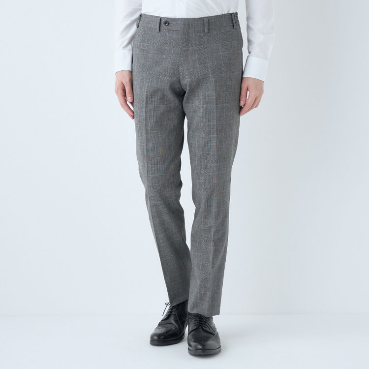 ブラックライン 【SLIM TAPERED_2】【春夏】2釦シングルスリーピーススーツ 0タック/グレー×グレンチェック/ウエストシャーリング/4S SUSTAINABILITY&ECOLOGY FABRIC/※パンツ裾上げ済仕様 グレー中間