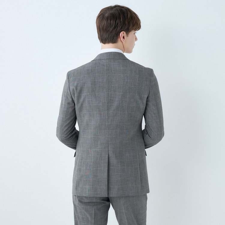 ブラックライン 【SLIM TAPERED_2】【春夏】2釦シングルスリーピーススーツ 0タック/グレー×グレンチェック/ウエストシャーリング/4S SUSTAINABILITY&ECOLOGY FABRIC/※パンツ裾上げ済仕様 グレー中間