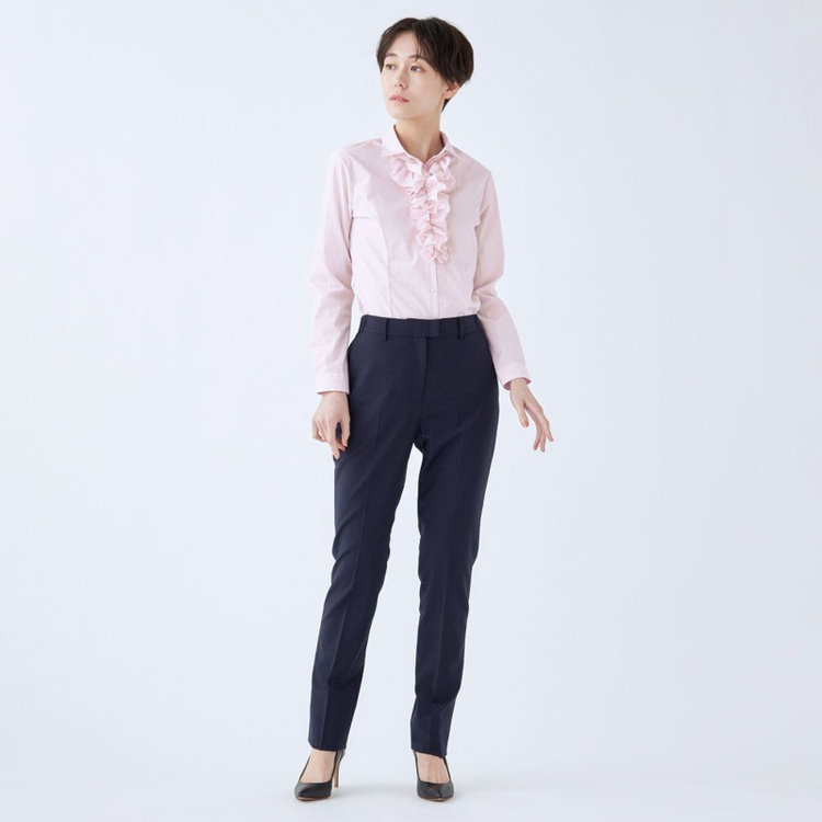 スーツセレクト 【発送在庫あり】【SUIT SELECT×Samantha Thavasa】【長袖】リボン&フリル取り外しスキッパー/ピンク×ドビーストライプ/形態安定 ピンク系(桃)