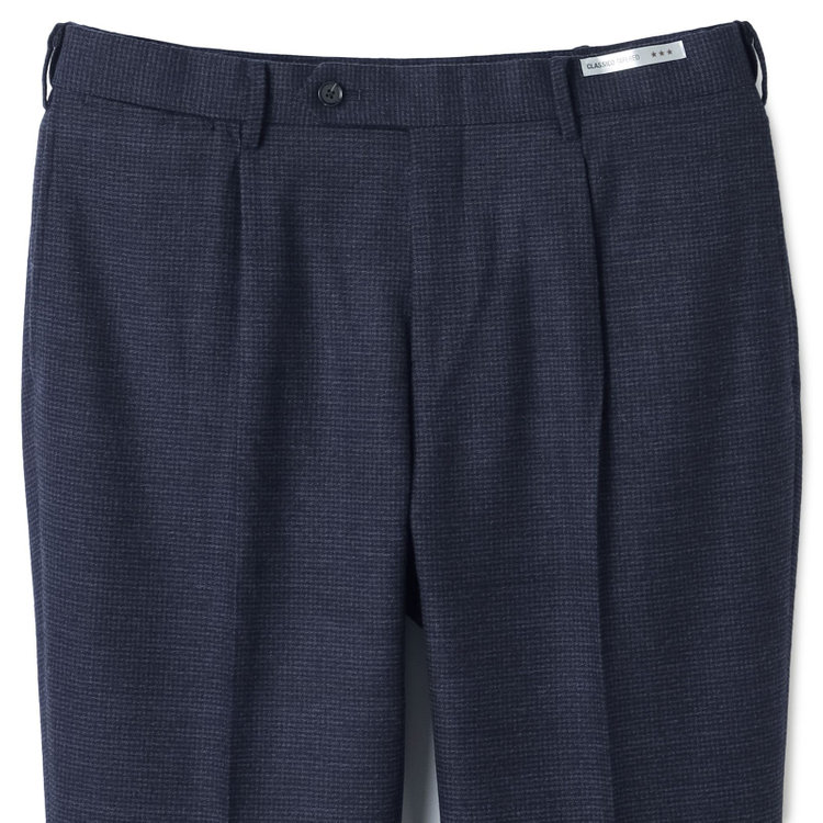 シルバーライン 【CLASSICO TAPERED】【秋冬】ウール ブレンド1タックテーパードパンツ/ネイビー×ハウンドトゥース/ウエストムーブ仕様/ウォッシャブル素材/※裾上げ必要 紺中間